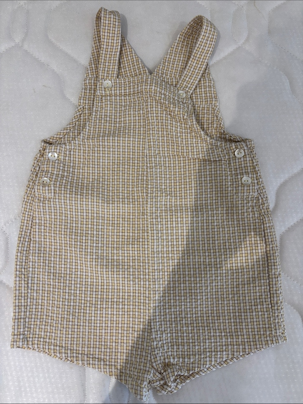 Neutral Beige Gingham Kids Short Overalls